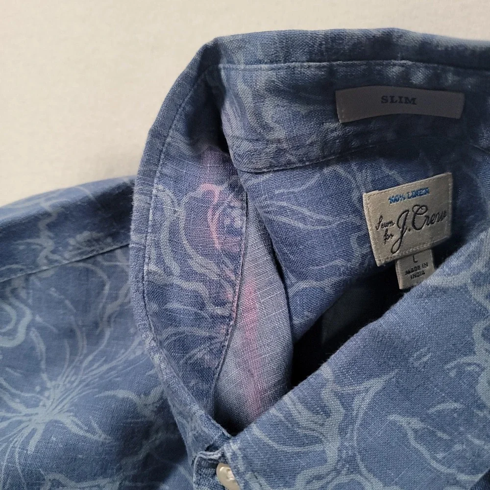 J Crew Slim Linen Shirt‎ Mens L Blue Hibiscus Tropical Floral Summer Coastal